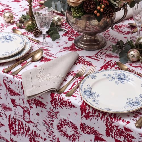 Christmas Toile Tablecloth 60x84 Inch Burgundy Vintage French Pattern