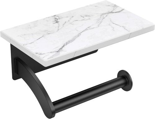 FORIOUS Toilet Paper Holder - Natural Marble Wall Mount with Phone Shelf | Matte Black 304 Stainless Steel
