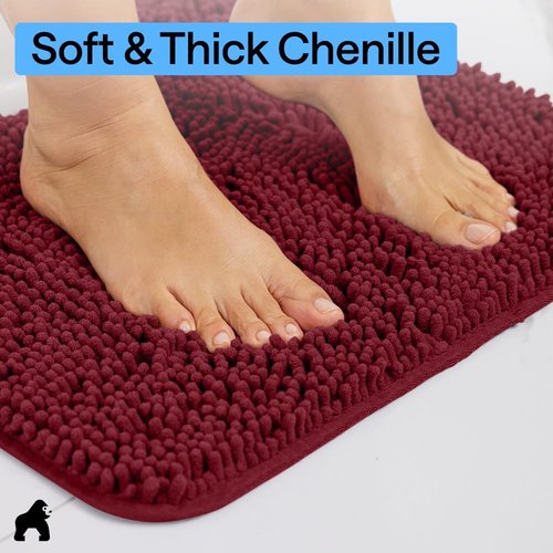 GORILLA GRIP Bath Rug Mat - Soft Absorbent Chenille | Quick Dry Microfiber, 60x24, Burgundy