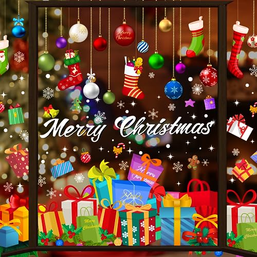 Christmas Window Clings Set - Holiday Snowflakes & Ornaments, 6 Sheets, 11.8 x 11.8 inches