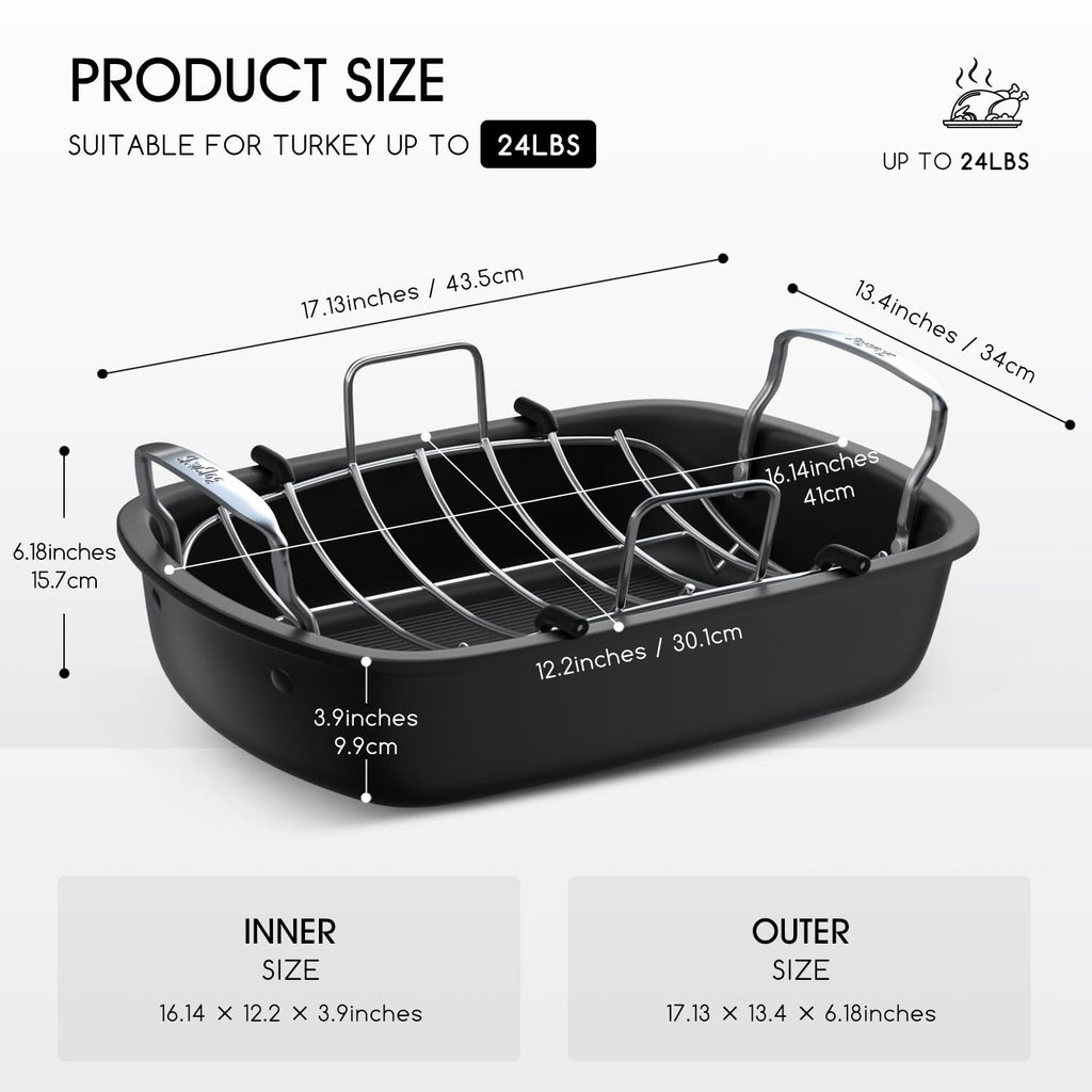 Roasting Pan, 17x13 Inch Nonstick Turkey Roaster with Removable Rack & Cooking Kit,Roaster Pan for Roasting Turkey, Meat & Vegetables (Silver)
