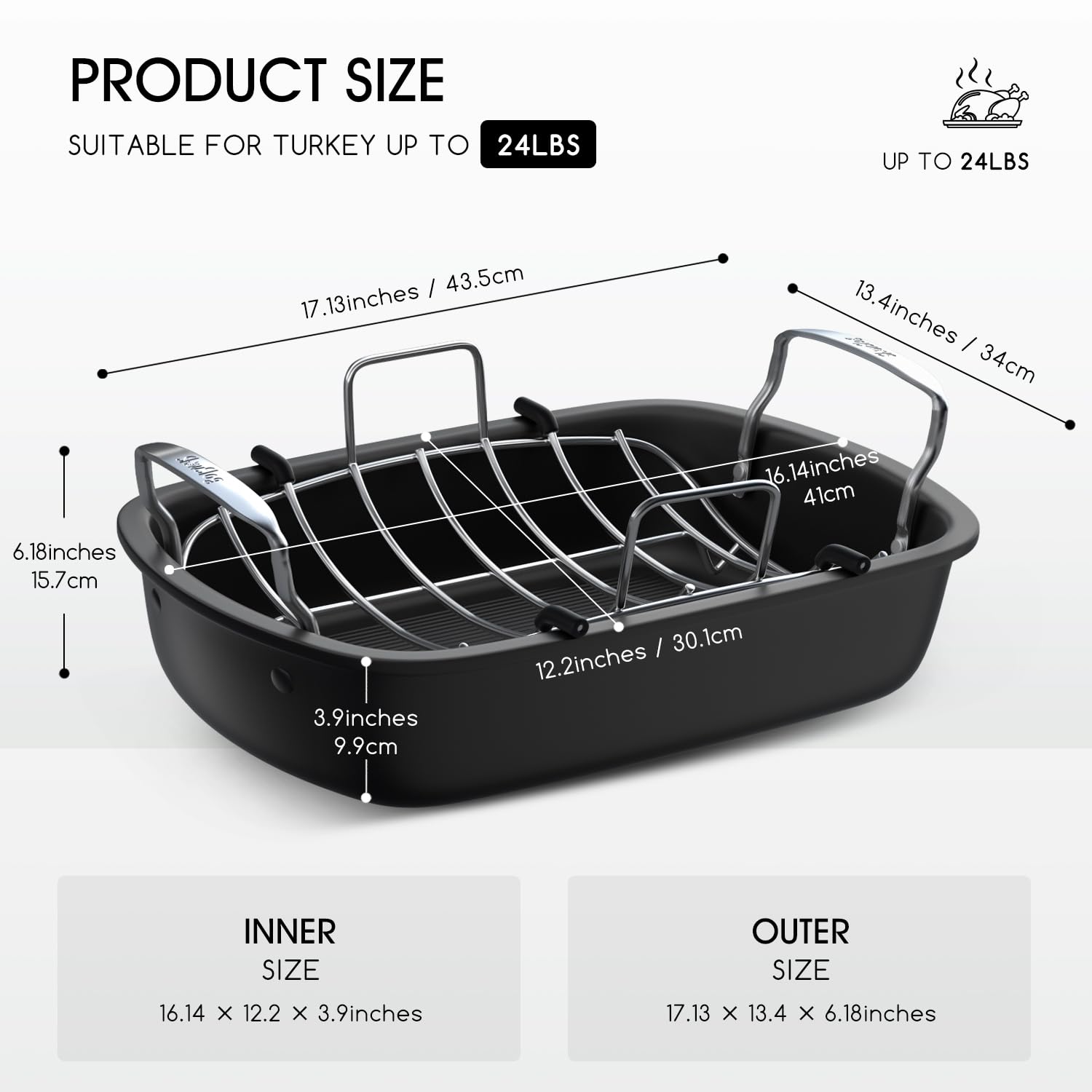 Roasting Pan, 17x13 Inch Nonstick Turkey Roaster with Removable Rack & Cooking Kit,Roaster Pan for Roasting Turkey, Meat & Vegetables (Silver)