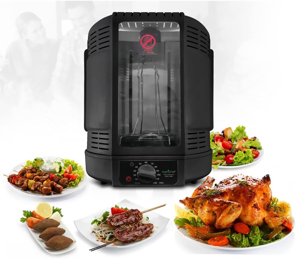 NutriChef Vertical Countertop Rotisserie Oven - Rotating Shawarma & Kebab Machine with Skewer, Rack & Drip Tray