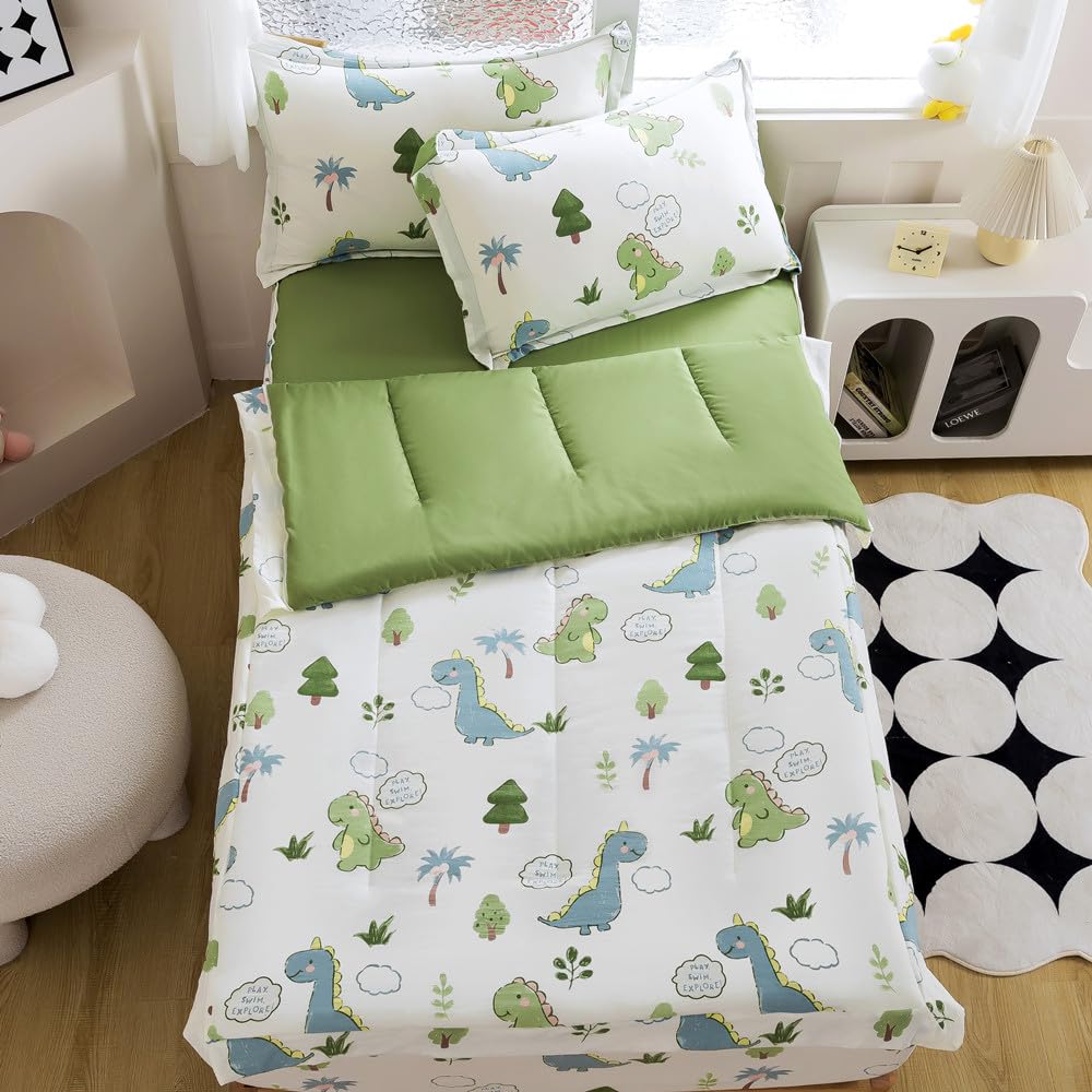 qjmiaofang 4Pcs Zipper Bedding Twin for Kids Dinosaur Comforter Set Boys Teens Zip Up Bedding with Sheets All Season Cute Little Dinosaur All in One Zipper Bed Set with Fitted Sheet Decor