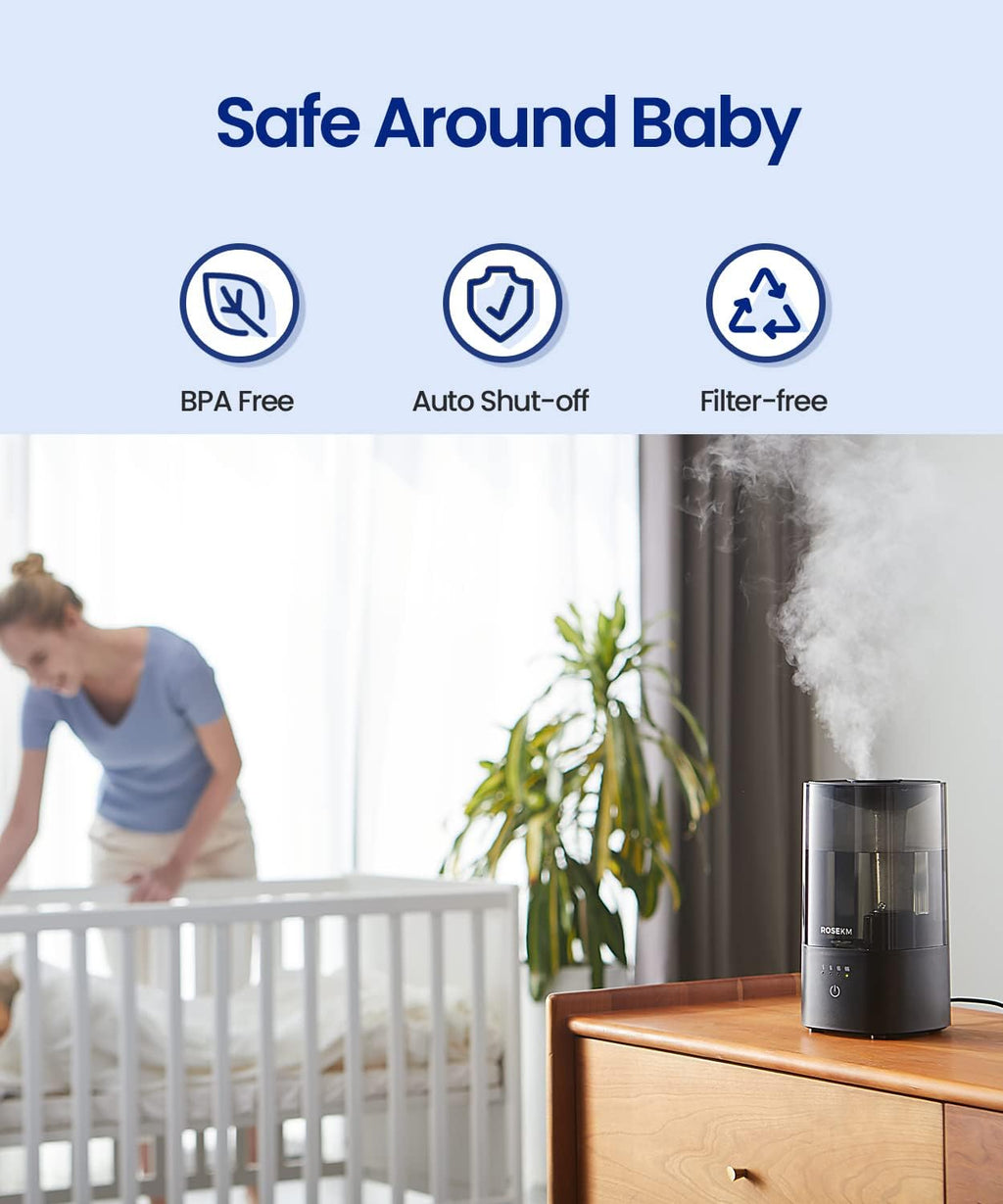 ROSEKM Cool Mist Humidifier - 2.0L Ultrasonic Design for Bedroom & Nursery | Quiet, Filterless, Auto Shut-Off, Black