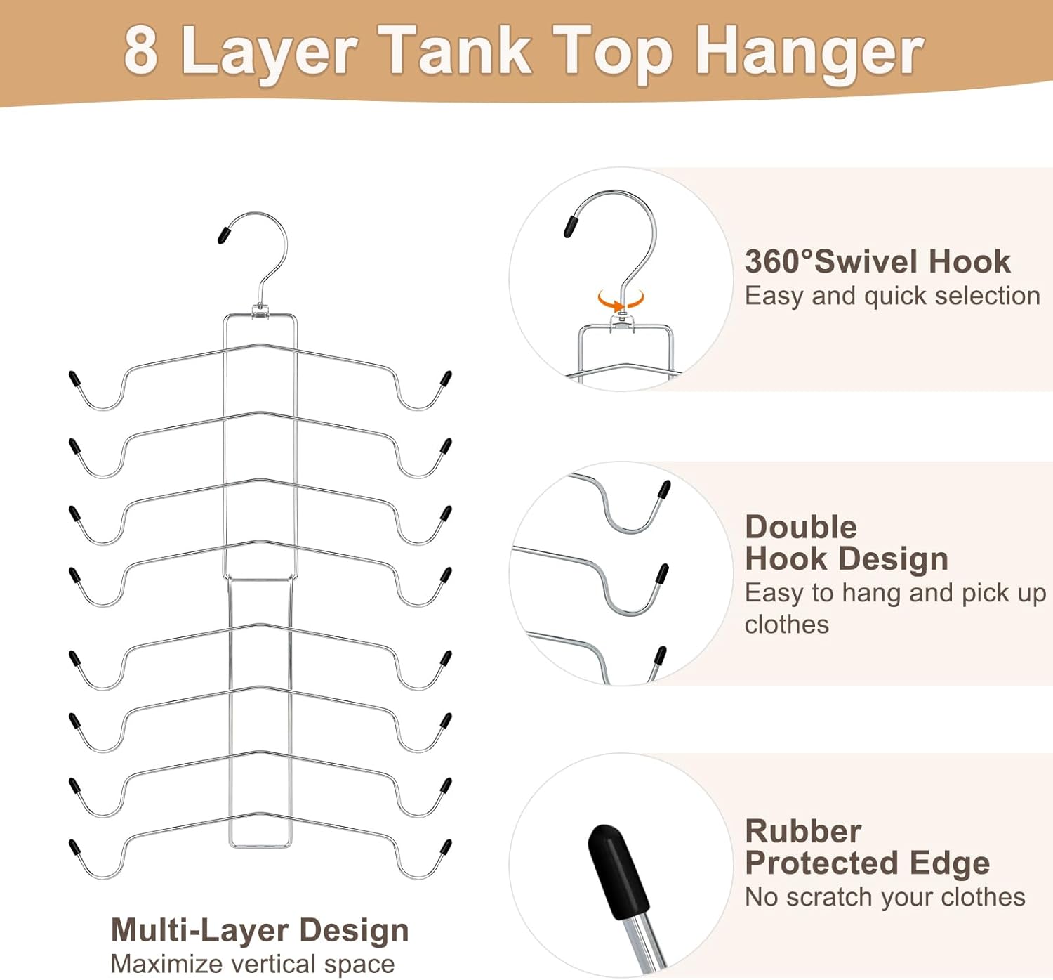 TOPIA HANGER 2 Pack Space-Saving Tank Top & Bra Hanger - 8 Layers for Closet Organization, Silver