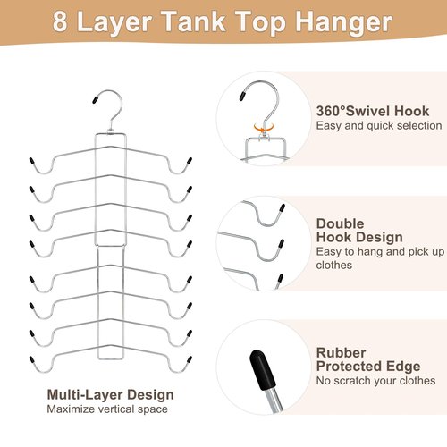 TOPIA HANGER 2 Pack Tank Top Hanger, 8 Layers Bra Hanger Space Saving, Sport Yoga Bras Holder, Closet Organizers and Storage for Camisoles Tank Tops Sports Yoga Bras Swimsuits, Silver CT79B