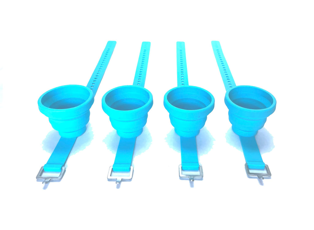 SWIGOS - Collapsible and Portable Shot Ski Kit - 4-pack w/ carrying pack. Silicone cups with an adjustable strap that turn any object into a "shot ski"