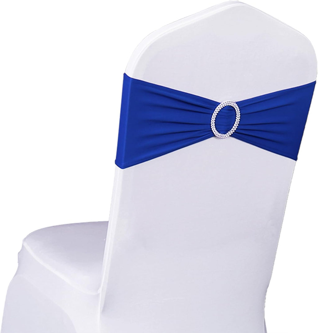 Spandex Royal Blue Chair Sashes - 100 Pack Wedding Chair Bands with Buckles for Events & Parties
