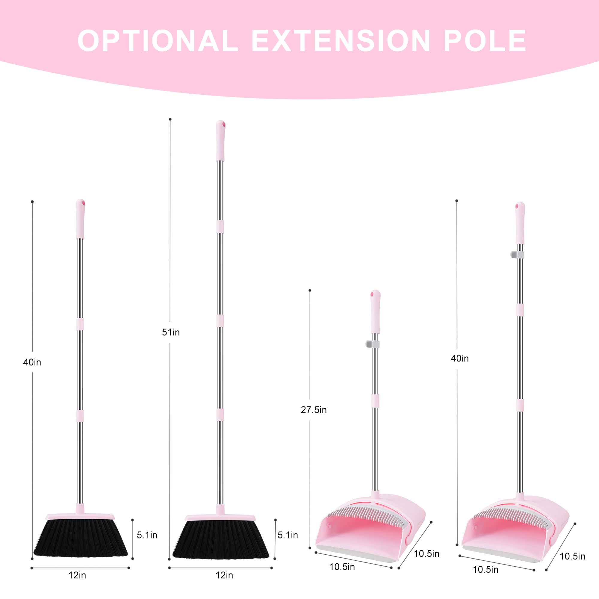 Pink Broom and Dustpan Set for Home, 52-in Long Handle Broom with Dustpan Combo with Dustpan Teeth Easy to Scrape Off Pet Hair, Indoor&Outdoor Sweeping（Pink）