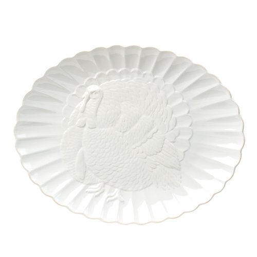 Lenox Serveware, Lenox French Perle Carved Turkey Platter, Scalloped, Oval, 18-Inch, Stoneware, Dishwasher Safe, Turkey Platter for Thanksgiving, Winter Hosting, Christmas Serving (White, 1 Piece)