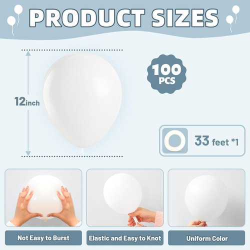 LOLStar 12-Inch White Latex Balloons - 100 Pcs Bulk for Wedding, Baby Shower, and Party Decorations