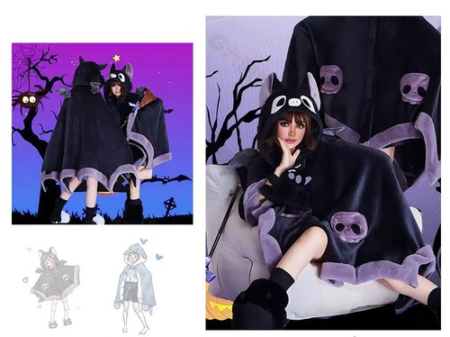 Cute Halloween Wearable Blanket Hoodie Free Size for Adults Devil Bat Hooded Blanket Oversized Soft Sherpa Hoodie Women Throw Cloak Wrap with Demon Wings for Men Child Student