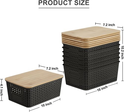 Bagnizer Small Plastic Storage Bins - Stackable Decorative Containers with Bamboo Lids | 5.2qt, Black, Set of 6