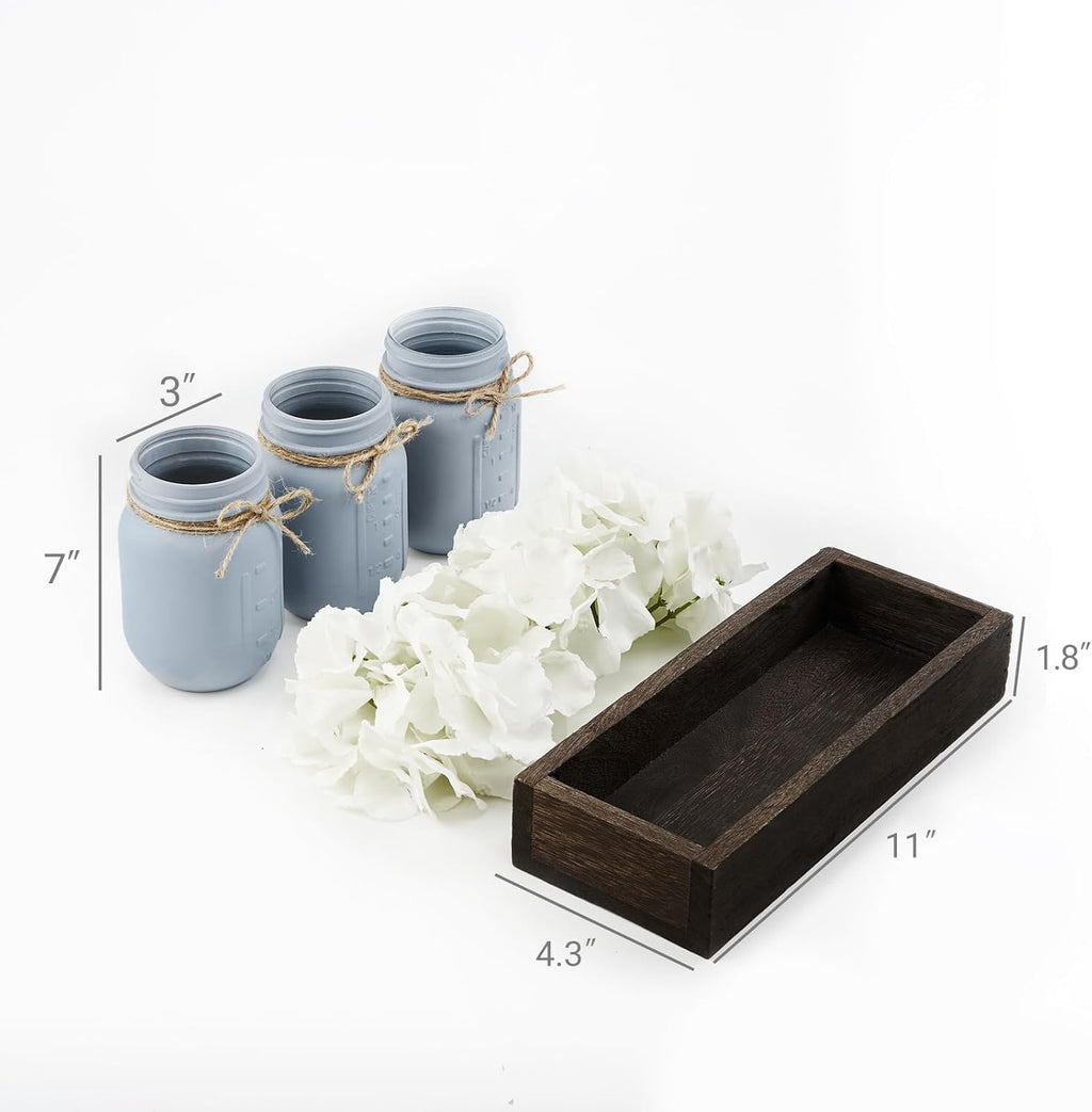 Mkono Decorative Wood Tray - Mason Jar Centerpiece with 3 Painted Jars & Artificial Flowers | Rustic Farmhouse Decor for Dining Room, Living Room, Kitchen