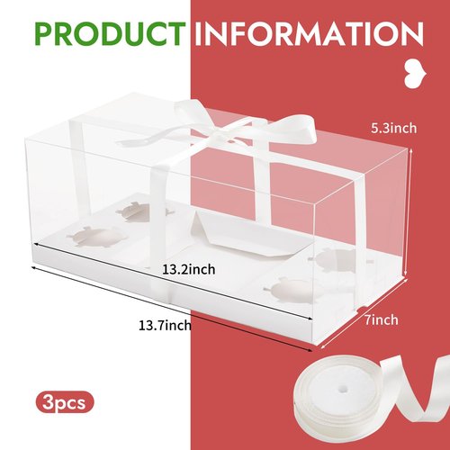 JCD 3pcs Clear Cupcake Boxes Combo,Cake and Cupcakes Box 1+4 Bento Box with Clear Window Bento Boxes Fit 4 Cupcake and 1 Mini Cake for Valentine Wedding Birthday Party Bakery Supplies(1+4/3Pcs)