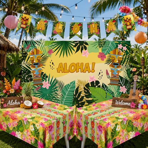 Aloha Luau Party Decorations Set - Yellow Hawaiian Theme Backdrop & Tablecloth