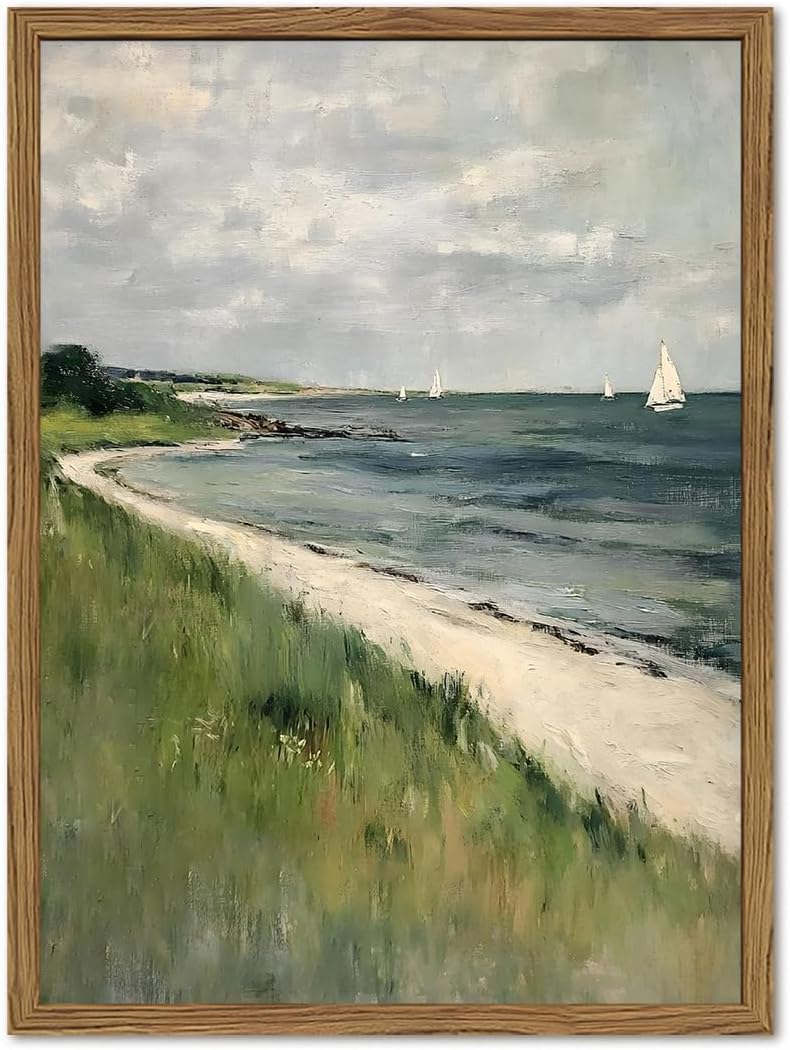 Skiennix Vintage Coastal Sailboat Wall Art - Rustic Nautical Canvas Print for Living Room | 12x16 Inch Framed
