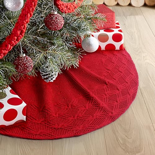 Red Knitted Christmas Tree Skirt 24 Inches - Rustic Holiday Decor