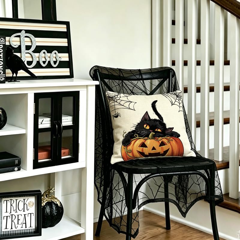 RABUSOFA Halloween Pillow Covers 18x18 Black Cat & Pumpkin