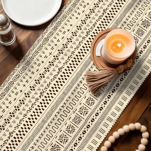 13x120 Inch Burlap Linen Table Runner with Geometric Ethnic Design - Farmhouse Decor for Dining & Parties
