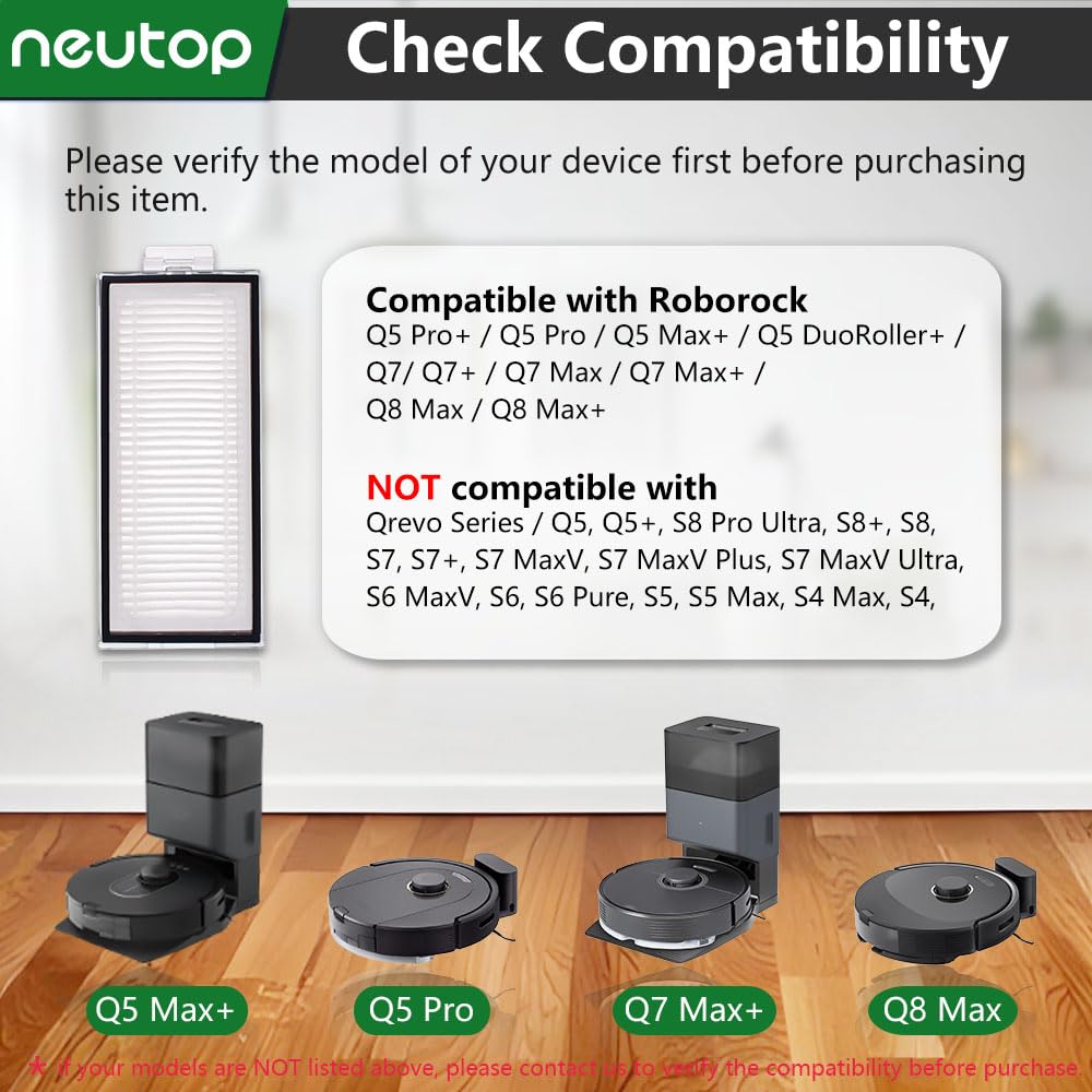 Neutop Replacement Filters Compatible with Roborock Q5 Pro/Pro+/Max +, Q5 DuoRoller+, Q7, Q7+, Q7 Max/Max+, Q8 Max/Max+, Robot Vacuum and Mops, 8-Pack.