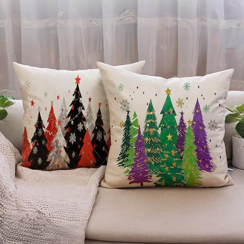 7COLORROOM Christmas Decor Pillow Cover 18x18 Green Merry Christmas Trees Snowflake Purpule