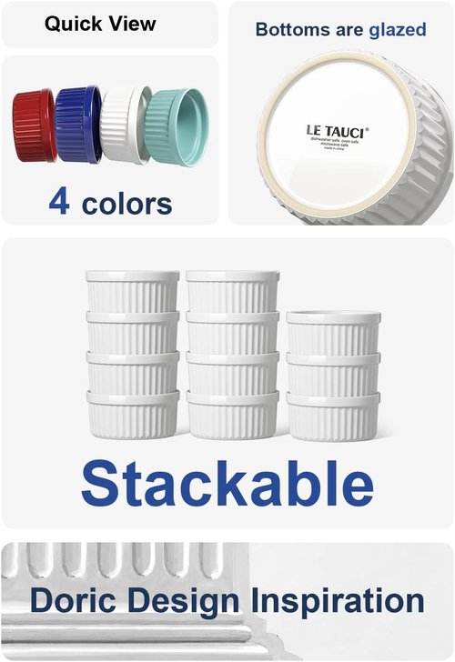 LE TAUCI Ramekins Set of 6 - 8 OZ Oven Safe Ceramic Custard Cups for Pudding & Dipping Sauces - White