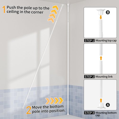 360° Rotating Shower Caddy Tension Pole, 4 Tiers Corner Shower Organizer for Bathroom Shelf Bathtub, Adjustable Standing Shower Rack Bathroom Accessories, Easily Assemble, 34-124 Inch Height, White