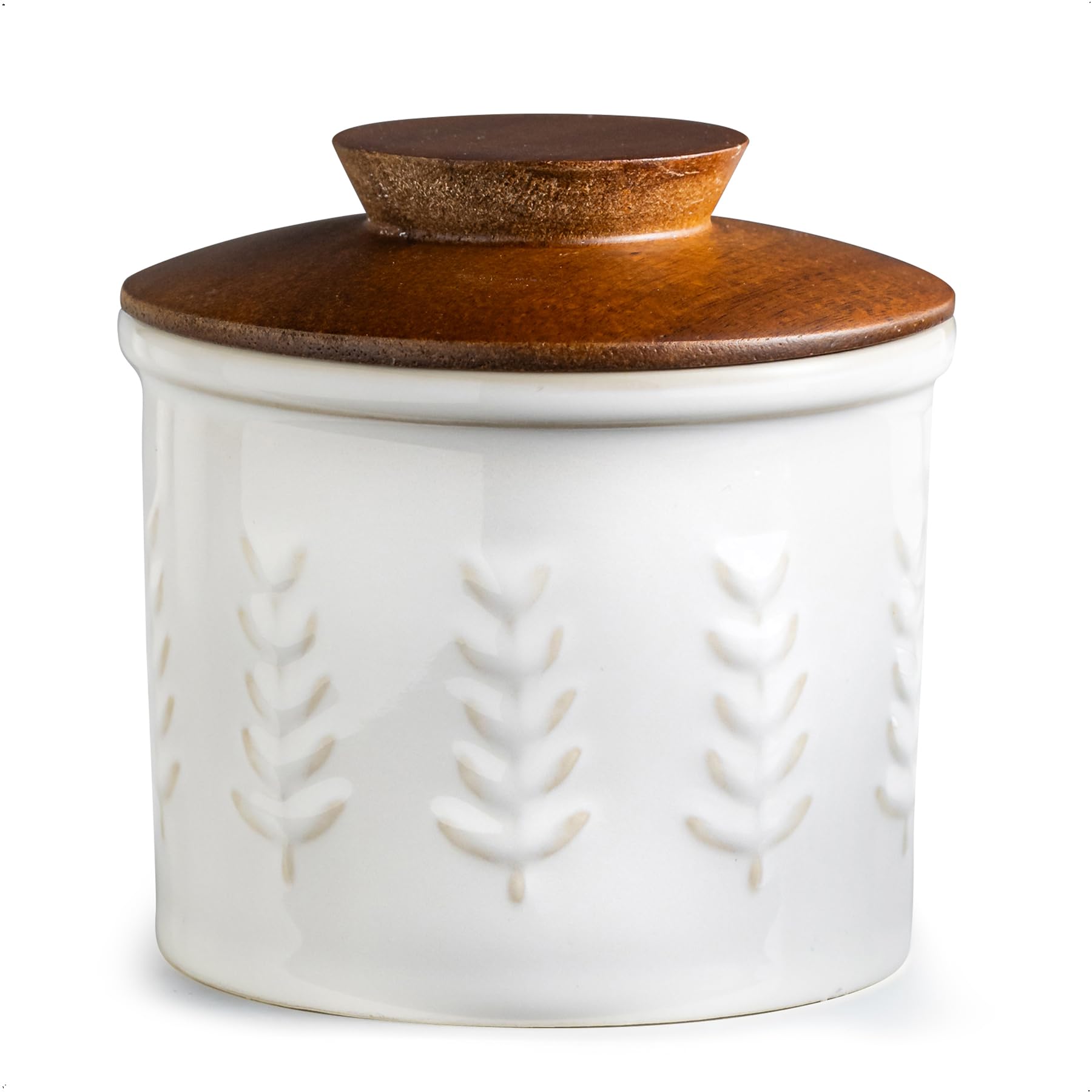 YHOJOY Ceramic Butter Dish With Lid, Butter Crock for Countertop, French Butter Keeper for Spreadable Butter, Elegant Embossed Pattern, Cream White