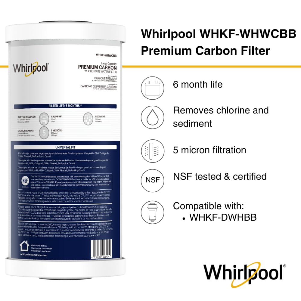 Whirlpool 10" x 4.5" Premium Carbon Water Filter WHKF-WHWCBB, NSF Certified 5 Micron Reduces Chlorine and Sediment, 6-Month Life, Large Capacity Replacement Cartridge Fits Most Home Filter Housings