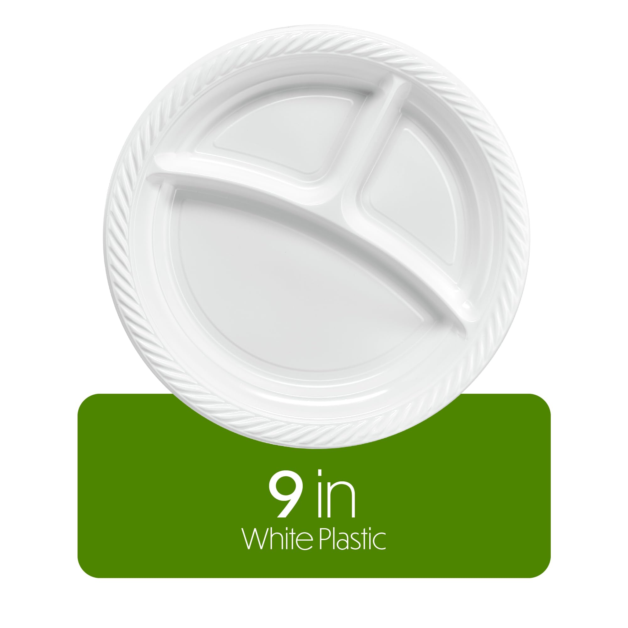 PLASTICPRO 9 inch Round Plastic Plates 3 Compartment - 3 Section Plates Microwaveable, Disposable, White, Dinnerware 400 Count
