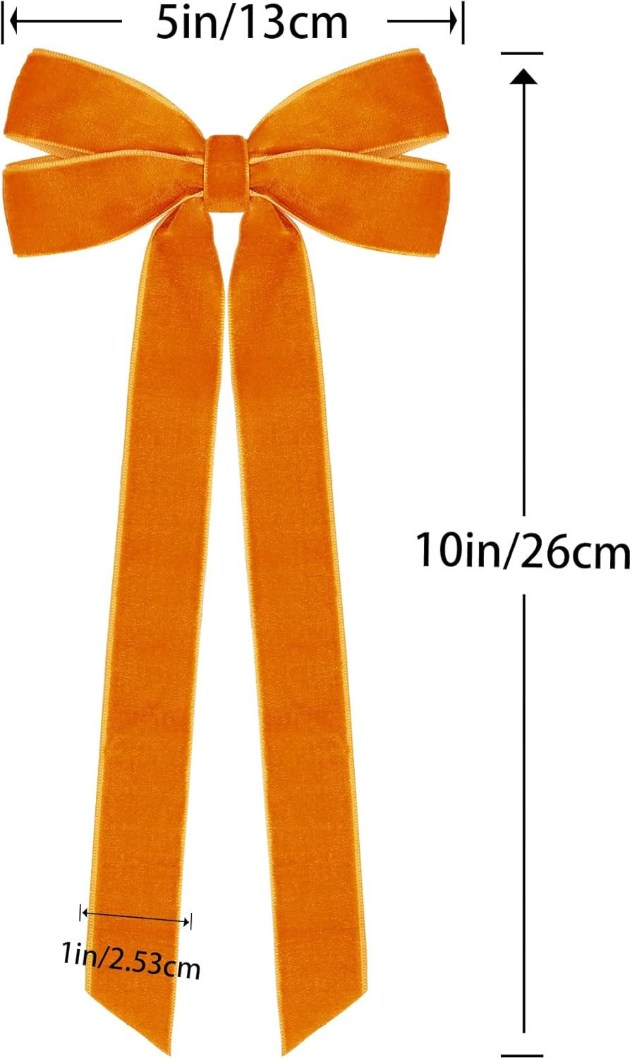 Skiennix 12Pcs Fall Velvet Ribbon Bows - 5in x 10in Orange Christmas Ornaments for Holiday Decor