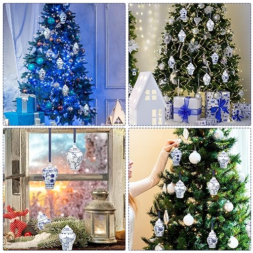 12 Pieces Christmas Blue and White Chinoiserie Ginger Jar Ornaments - Retro Style