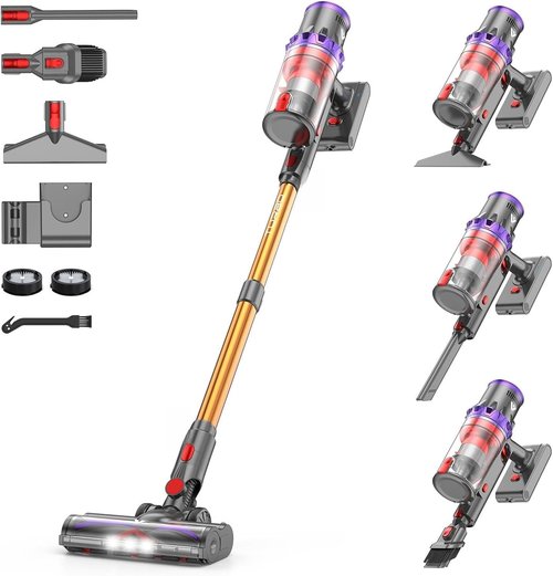 Coovy SU7 Cordless Vacuum Cleaner - 580W Power, 80 Minutes Runtime, Touch Screen | Lightweight, Anti-Tangle, Gold