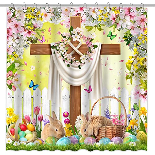 Mocsicka Easter Shower Curtain - He Is Risen Cross Floral Bunny Bathroom Decor 72x72 Inch with Hooks