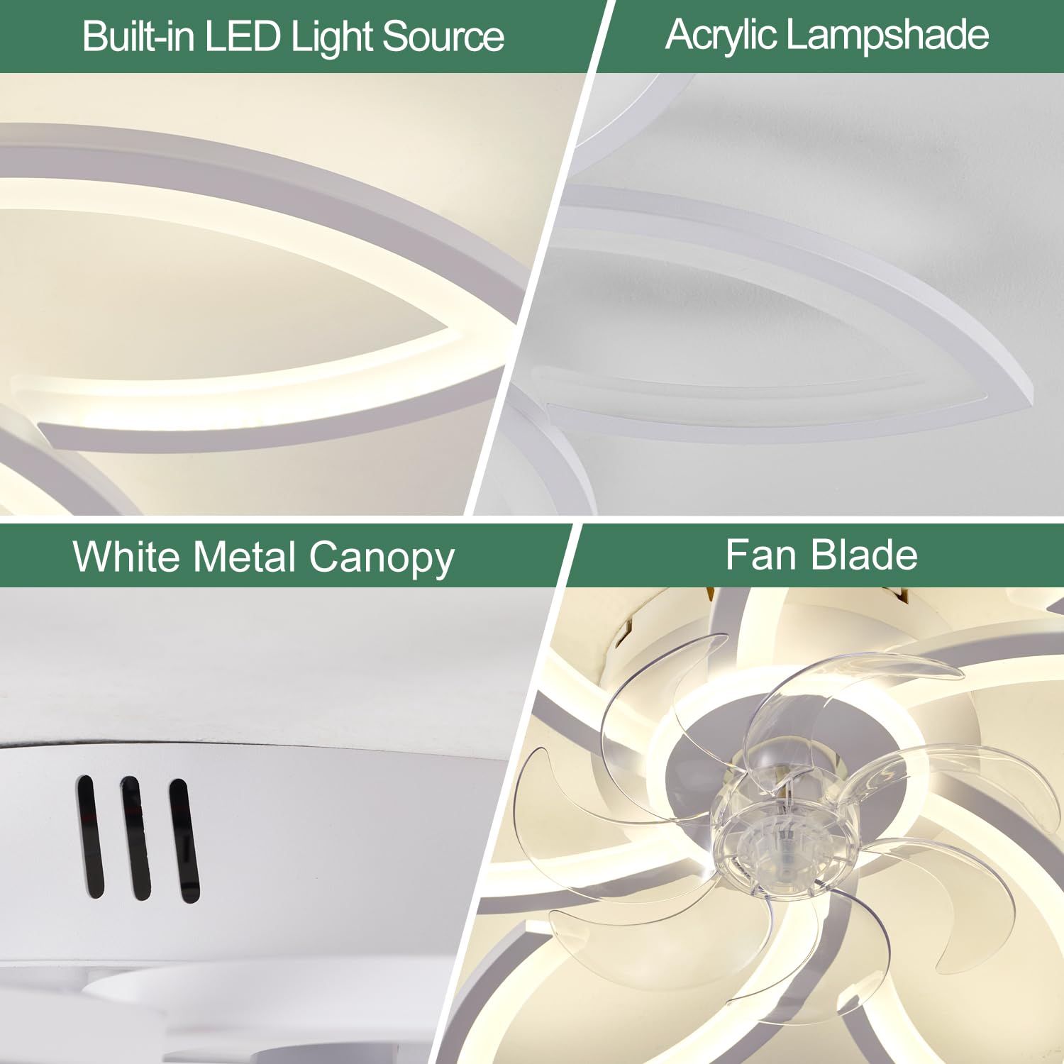 Yfrest Modern Semi Flush Mount Ceiling Fan with Lights - 30" White, 3 Light Color, 6 Speeds, Flower Design, Low Profile for Kitchen, Bedroom