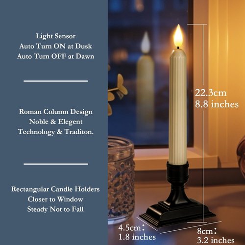 Homemory 6 Pcs Electric Window Candles - Dusk to Dawn Sensor, Ivory Flickering LED with Black Holders for Holiday Decor
