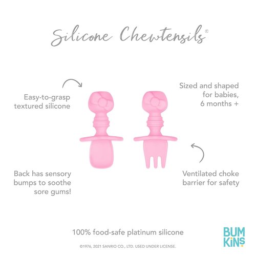 Bumkins Chewtensils Baby Utensils Set - Silicone Spoons & Fork for Self-Feeding | Hello Kitty Pink, 6 Months
