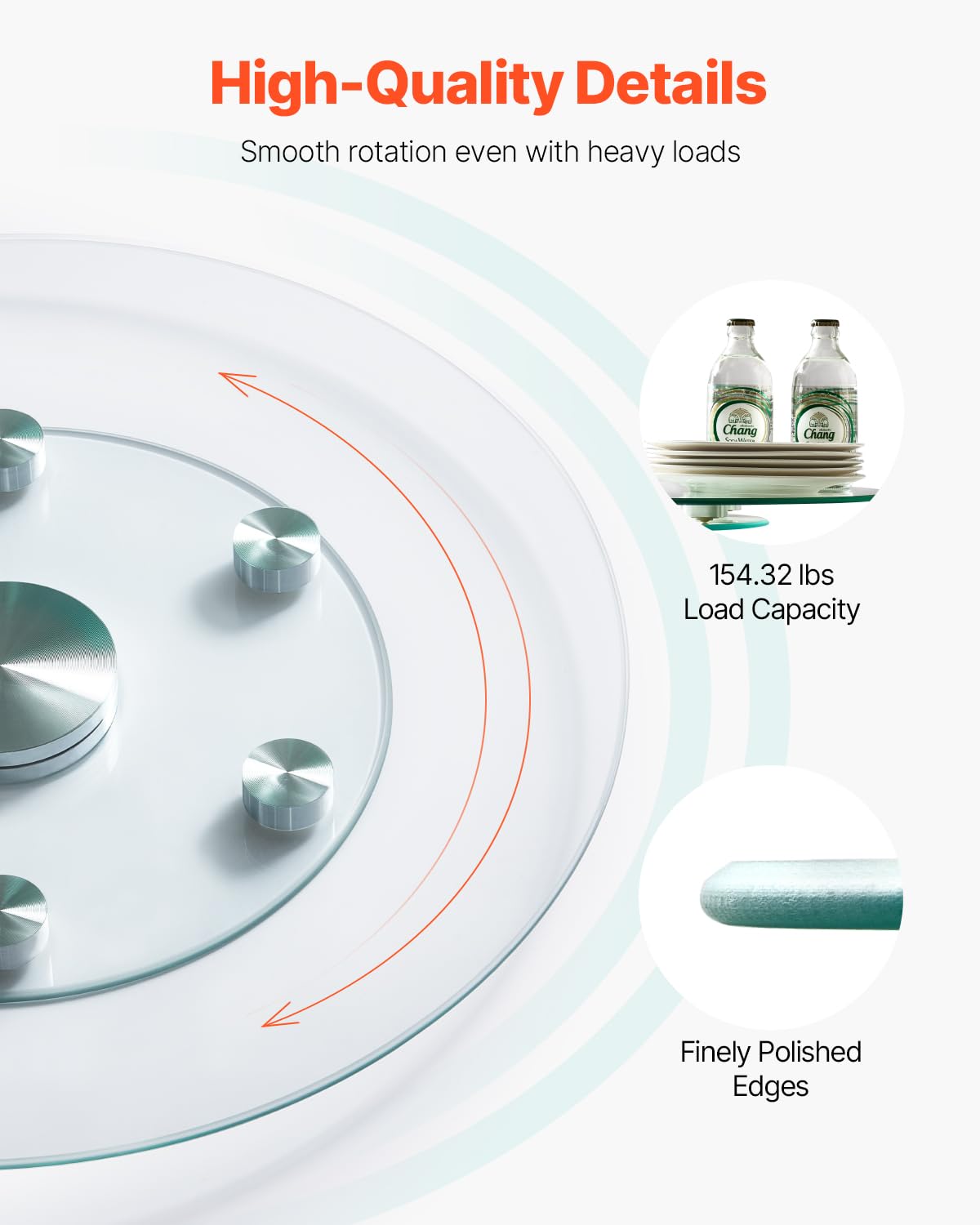 VEVOR 24 in Glass Lazy Susan Turntable, Tempered Glass Dining Table Centerpiece with 6 Rotating Wheels, 360° Smooth and Silent Spin Tabletop Rotating Tray, for Family Gatherings, Banquets & Weddings