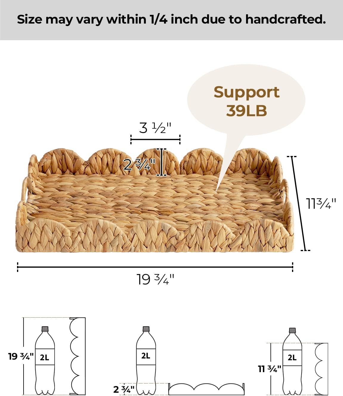 StorageWorks Large Wicker Serving Tray - Hand-Woven Scalloped Rattan Design with Built-in Handles | Natural Water Hyacinth
