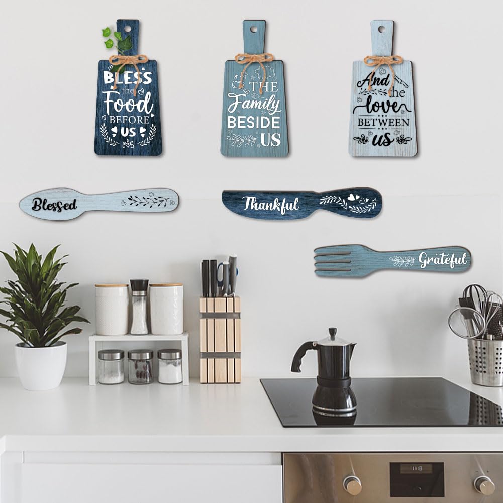 PH PandaHall 6pcs Kitchen Wall Decor Bless Food Sign Set Wall Table Accessories Wooden Pendant Decorations Mini Plaque Fork Spoon Shape Sign Rustic Style Home Dector Blue, 11x5.5 inch/11.8x2 inch