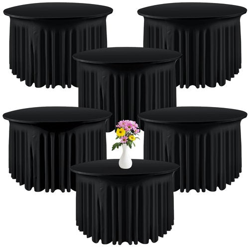 Preboun 6 Pack 4 Ft/ 48 Inch Spandex Round Tablecloths Wrinkle Free Stretchy Round Table Clothes for Table Tablecloth with Skirt for Party Wedding Home Decoration Parties Banquet (Black)