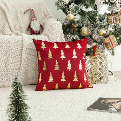 Christmas Red Velvet Throw Pillow Cover 20 x 20 Inches Set of 2 with Gold Foil Tree Design