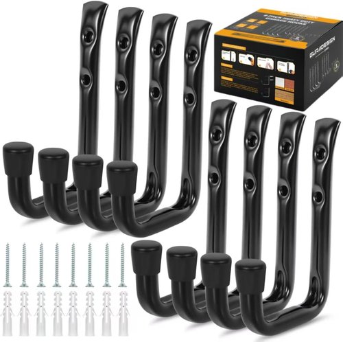 GURADESIGN Heavy Duty Garage Hooks - 8-Pack Utility Hooks for Hanging Up to 50 lbs | Black Metal Wall Hooks