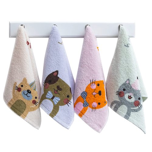 Kissvian 4 Pack Cute Cat Pattern Hand Towels, Pure Cotton Children Bathroom Towel Animals, Fingertip Bath Towels for Home, Kids Washcloths