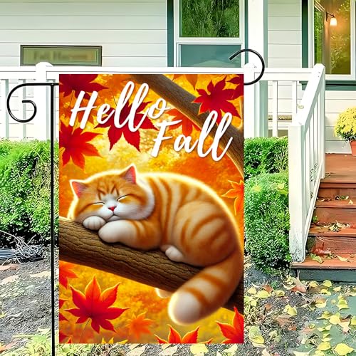 Hello Fall Garden Flag 12x18 Inch - Cute Cat & Maple Leaves