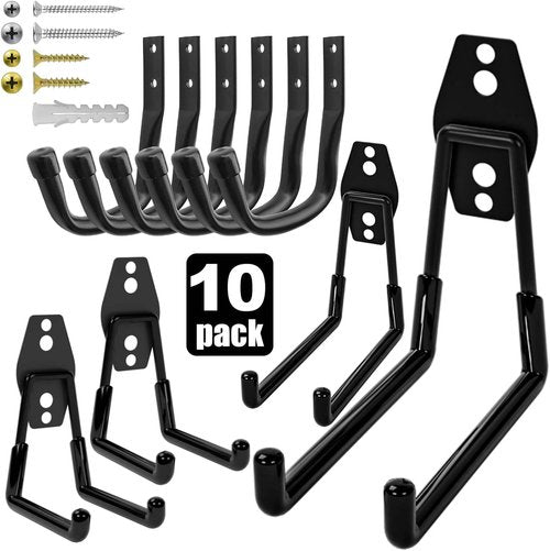 Heavy Duty Wall Garage Hooks - Steel Anti-Slip Utility Hangers for Ladders, Bikes & Tools | 10 Pack (Black)