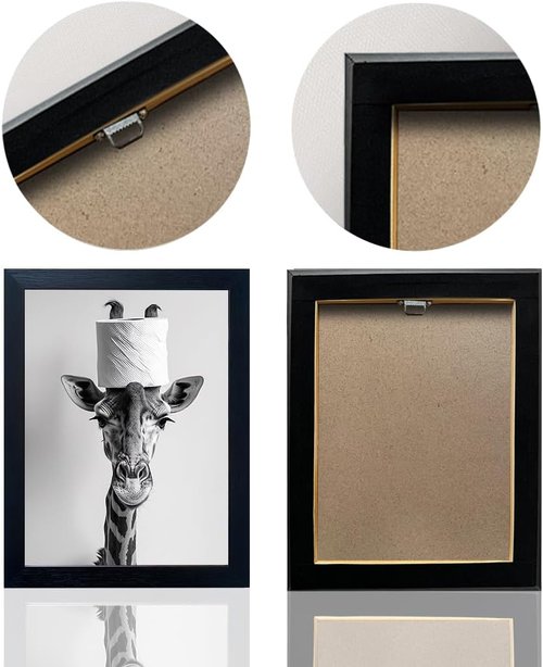 Giraffe Bathroom Wall Art - Funny Black and White Decor with Toilet Paper Roll | Framed Canvas Print