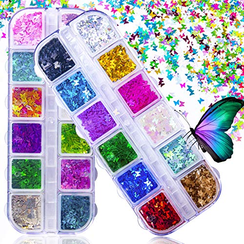 JOYJULY 3D Holographic Butterfly Nail Glitter Sequins - 24 Color Set